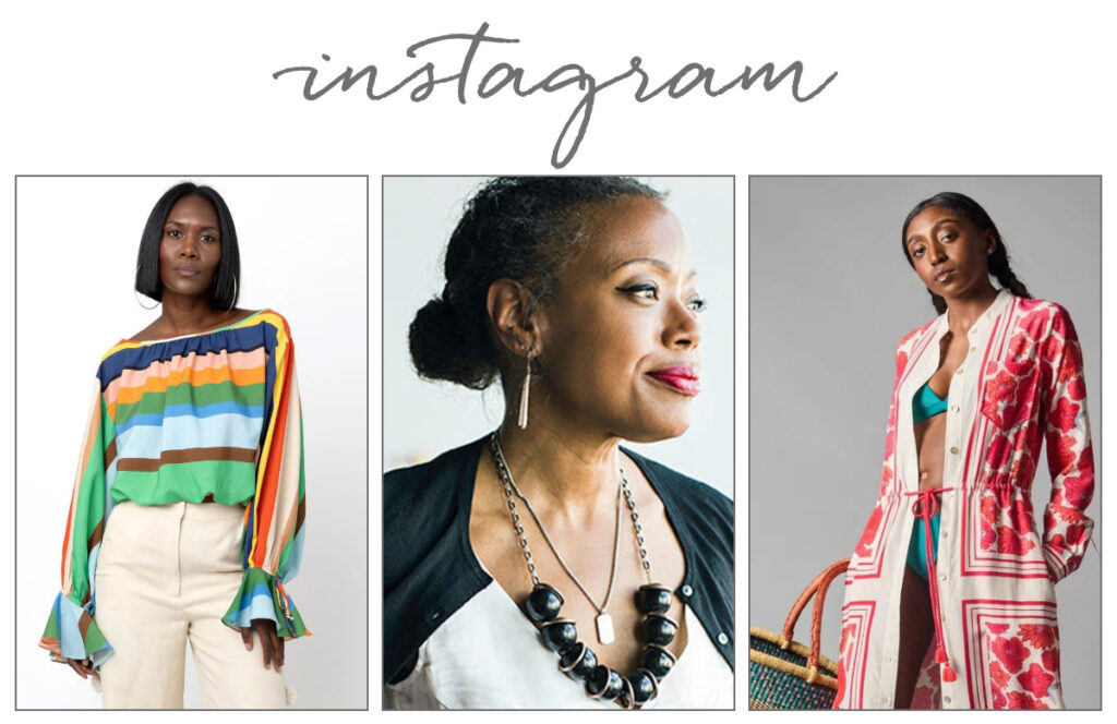 A collage of three stylishly dressed women: one in a colorful striped blouse, one in profile with an updo and bold necklace, and one in a red printed jacket over a swimsuit holding a woven tote. "Instagram" is written at the top. Fearrington Village