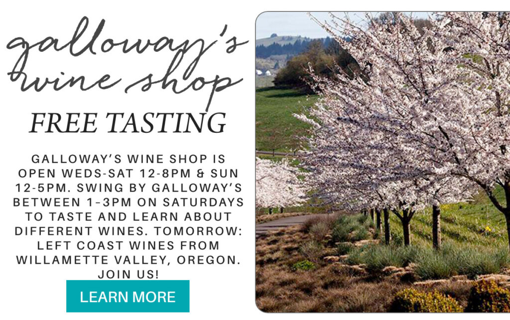 A promotional flyer for Galloway’s Wine Shop featuring cherry blossom trees, event details for free wine tastings, and a teal “Learn More” button at the bottom. "galloway’s wine shop is open weds-sat 12-8pm & sun 12-5pm. Swing by galloway’s between 1–3pm on saturdays to taste and learn about different wines. tomorrow: Left Coast Wines from Willamette Valley, Oregon. join us!" Fearrington Village