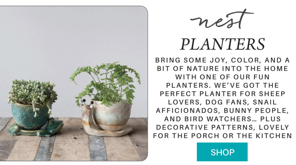 Two whimsical animal-shaped planters—a turtle and a snail—hold small green plants on a rustic wooden surface. Text describes how these planters add joy and color to home decor, inviting viewers to shop. "Bring some joy, color, and a bit of nature into the home with one of our fun planters. we’ve got the perfect planter for sheep lovers, dog fans, snail afficionados, bunny people, and bird watchers… plus decorative patterns, lovely for the porch or the kitchen counter!" Fearrington Village