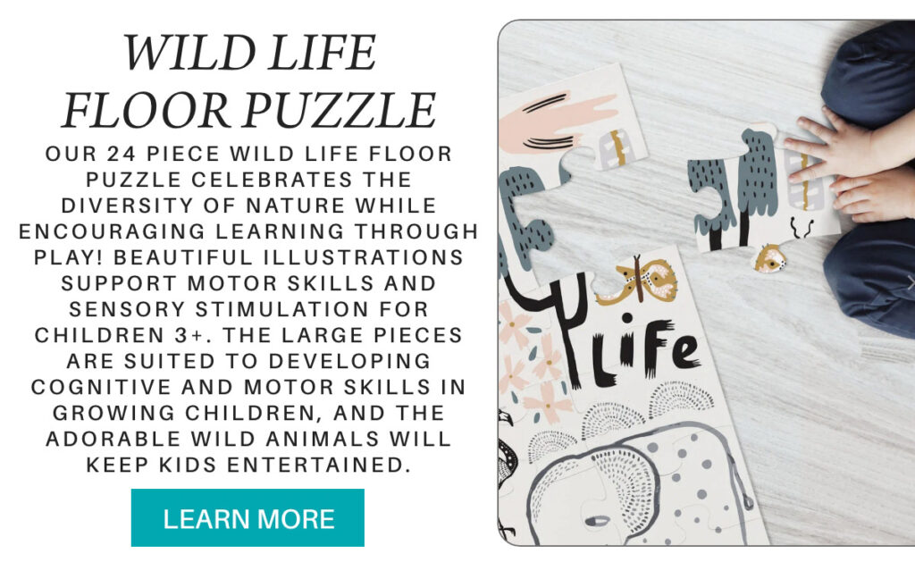 A child’s hands assemble animal puzzle pieces on a mat labeled "Wild Life." Text describes the educational benefits of a 24-piece wild life floor puzzle for children aged 3 and up, highlighting motor and cognitive skill development. "Our 24 piece Wild Life Floor Puzzle celebrates the diversity of nature while encouraging learning through play! beautiful illustrations support motor skills and sensory stimulation for children 3+. The large pieces are suited to developing cognitive and motor skills in growing children, and the adorable wild animals will keep kids entertained." Fearrington Village