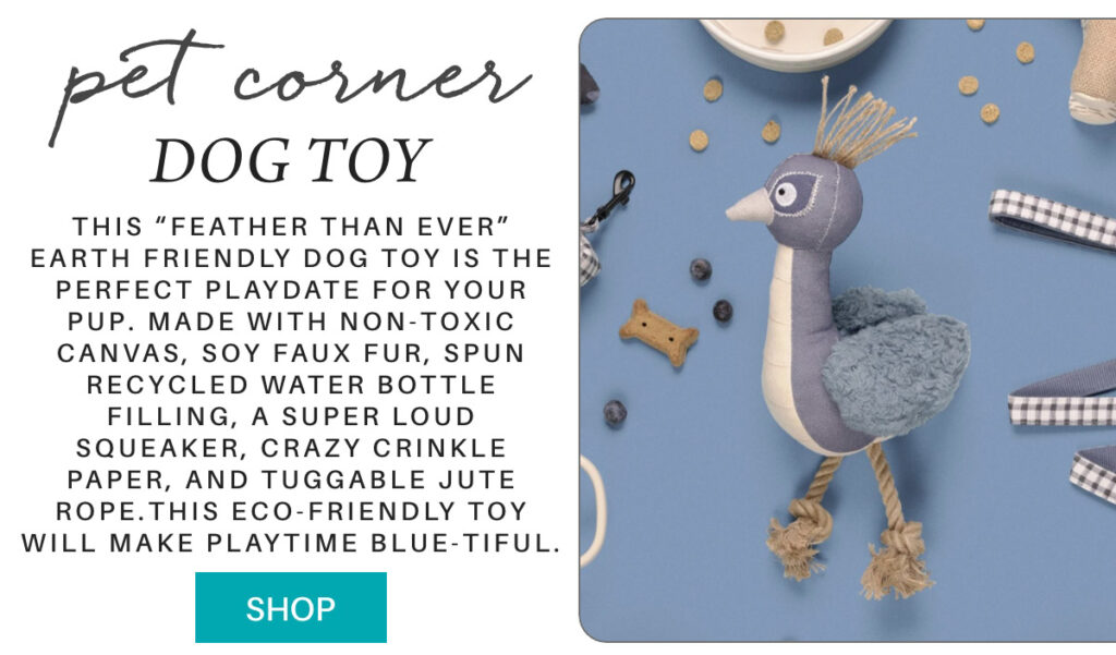 Promotional image for an eco-friendly dog toy shaped like a blue and white bird with rope legs, surrounded by pet accessories on a blue background. Text highlights its non-toxic and recycled materials. "this “Feather Than Ever” earth friendly dog toy is the perfect playdate for your pup. made with non-toxic canvas, soy faux fur, spun recycled water bottle filling, a super loud squeaker, crazy crinkle paper, and tuggable jute rope.this eco-friendly toy will make playtime blue-tiful." Fearrington Village