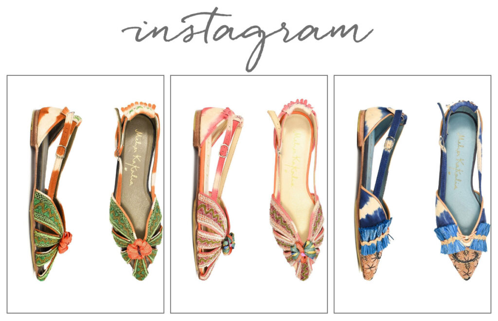 Three pairs of colorful, intricately embroidered pointed-toe slingback flats are displayed side by side under the word "instagram" written in cursive. Each pair features distinct patterns and vibrant hues. Fearrington Village