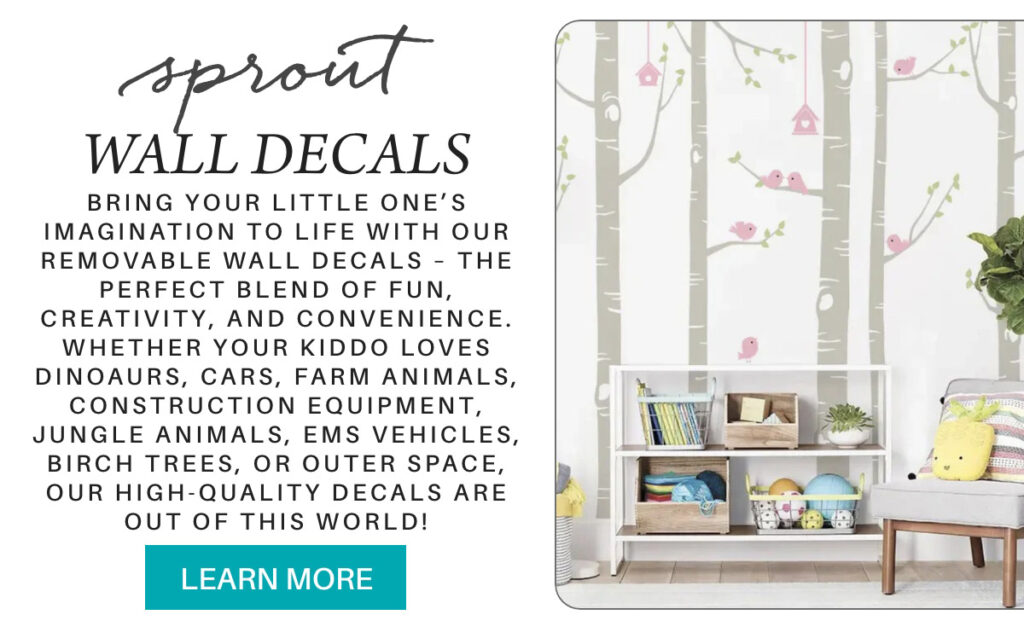 A promotional image for "Sprout Wall Decals" features text describing removable wall decals for kids, alongside a nursery with tree and bird decals and a white shelf holding toys and books. A teal "Learn More" button is at the bottom. "Bring your little one’s imagination to life with our Removable Wall Decals – the perfect blend of fun, creativity, and convenience. Whether your kiddo loves dinoaurs, cars, farm animals, construction equipment, jungle animals, EMS vehicles, birch trees, or outer space, our high-quality decals are out of this worlD!" Fearrington Village