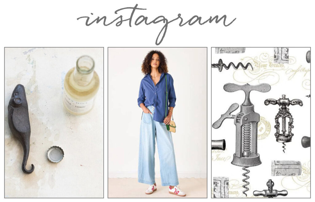 A collage features a seahorse-shaped bottle opener and drink, a woman in a blue shirt and wide-leg jeans, and vintage illustrations of corkscrews, with "Instagram" written across the top. Fearrington Village