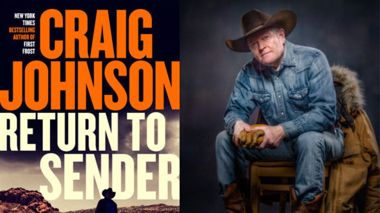 Book cover for "Return to Sender" by Craig Johnson on the left, with bold orange and white text and a lone cowboy silhouette. On the right, a man in a cowboy hat and denim outfit sits on a wooden chair against a dark background. Fearrington Village