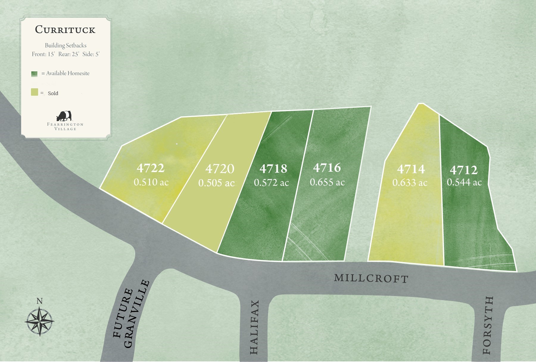 A map showing available and sold homesites in the Currituck area, with five shaded plots labeled 4722, 4720, 4718, 4716, and 4712 along Millcroft. Acreage for each plot is noted; one plot is marked as sold. Fearrington Village