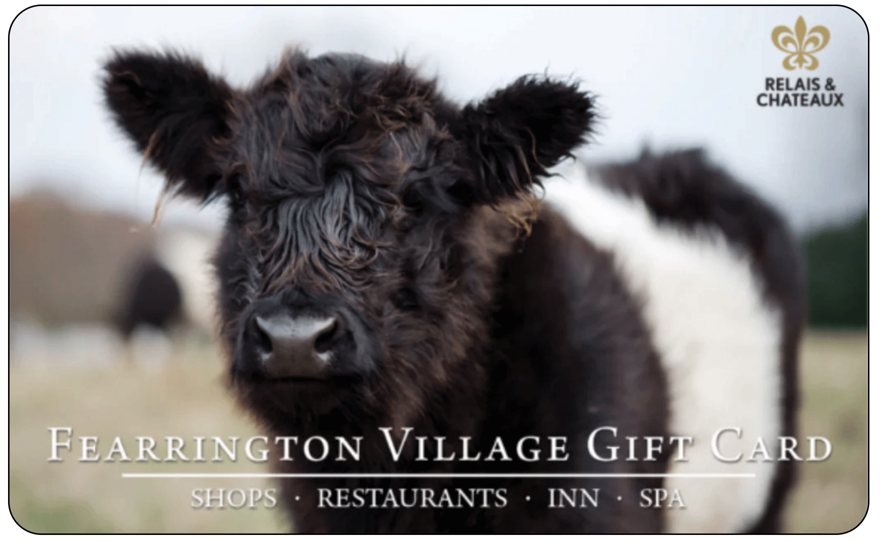 A fluffy black and white cow faces the camera. Text reads "Fearrington Village Gift Card - Shops, Restaurants, Inn, Spa." The Relais & Châteaux logo appears in the top right corner. Fearrington Village