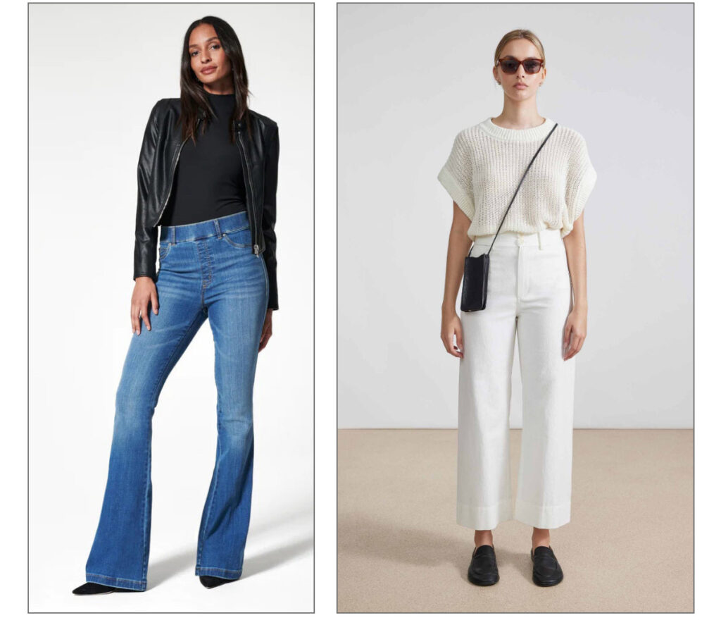 Two women modeling outfits: on the left, a woman wears a black jacket, black top, and blue flared jeans; on the right, a woman wears sunglasses, a white knit top, high-waisted white wide-leg pants, and black loafers. Fearrington Village