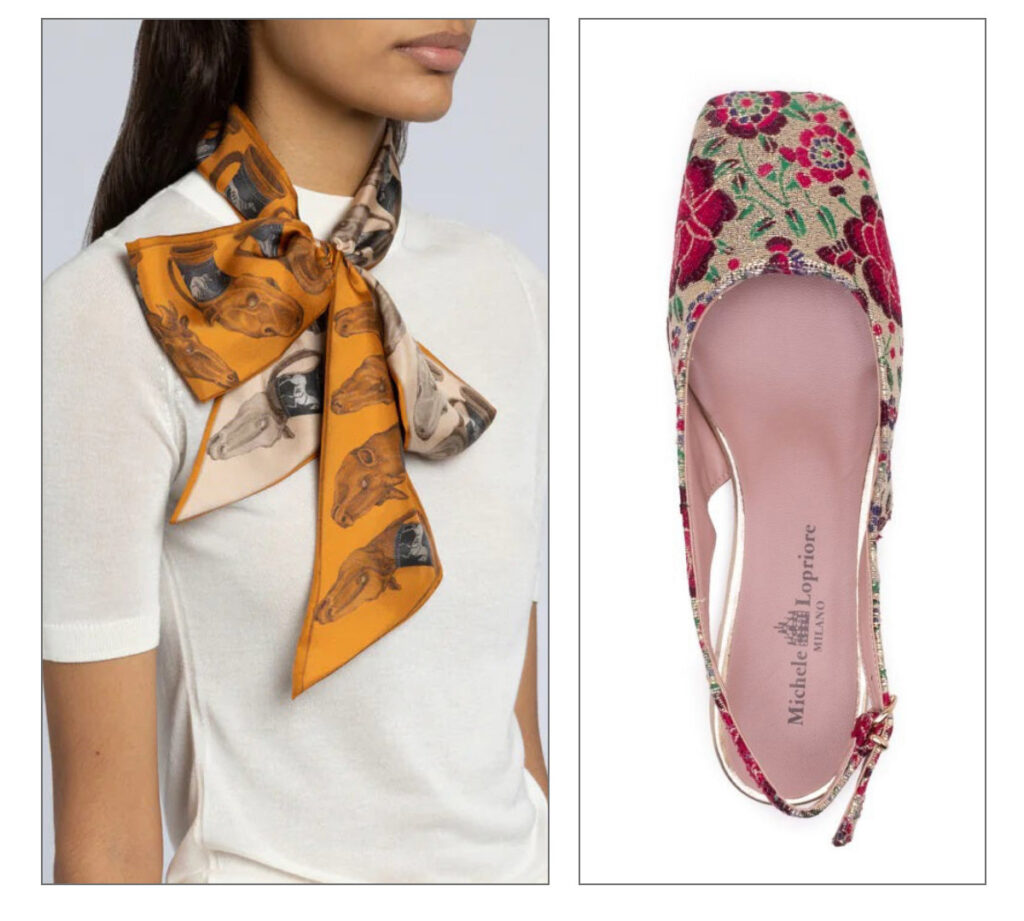 A woman wearing a white short-sleeve top and an orange scarf with hand illustrations; next to her is a floral-patterned flat shoe with a pink insole. Fearrington Village
