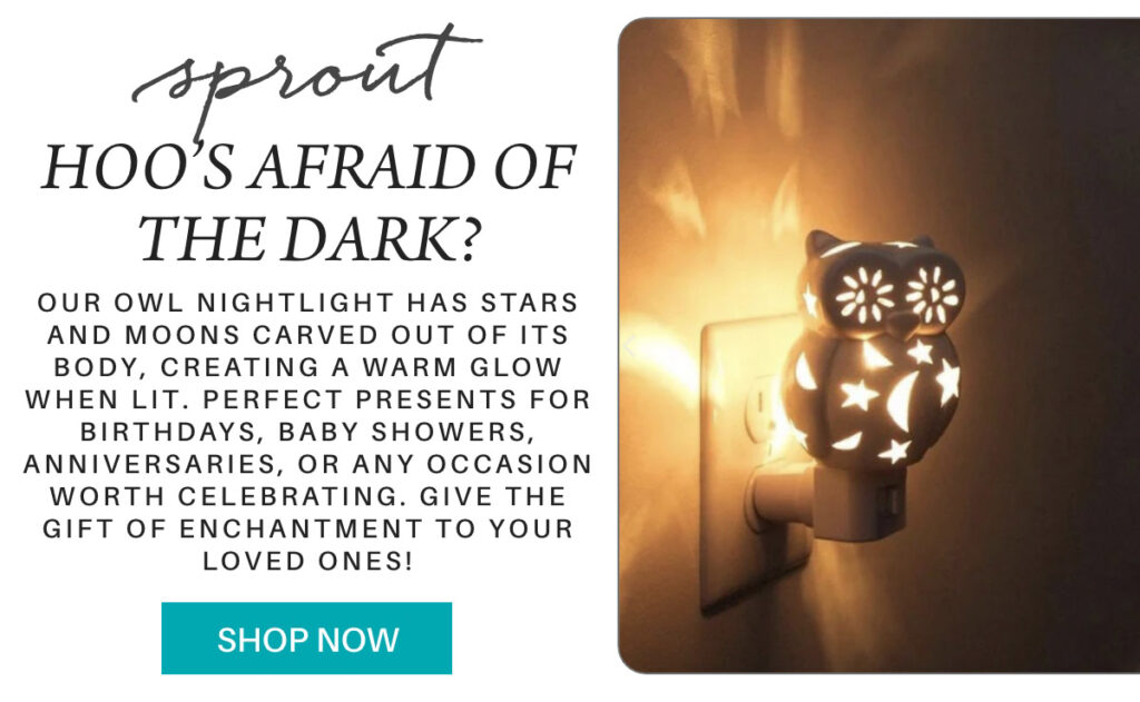 An owl-shaped nightlight with star and moon cutouts glows warmly in a wall outlet. Text promotes the nightlight as a gift for various occasions and offers a "Shop Now" button. "Our owl nightlight has stars and moons carved out of its body, creating a warm glow when lit. perfect presents for birthdays, baby showers, anniversaries, or any occasion worth celebrating. Give the gift of enchantment to your loved ones!" Fearrington Village