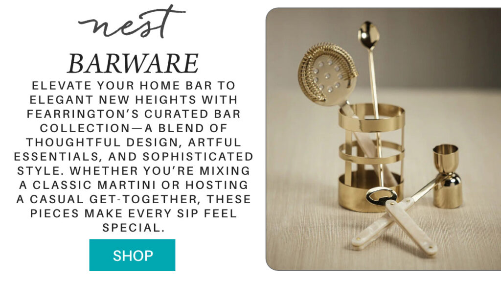 Elegant gold barware set with white-handled utensils, including a strainer and stirring spoon, displayed on a neutral surface next to text describing a sophisticated barware collection. "Elevate your home bar to elegant new heights with Fearrington’s curated Bar Collection—a blend of thoughtful design, artful essentials, and sophisticated style. Whether you’re mixing a classic martini or hosting a casual get‑together, these pieces make every sip feel special." Fearrington Village