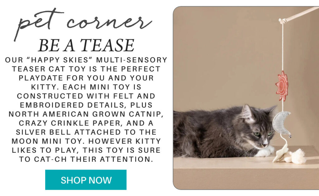A gray cat intently plays with a hanging moon and star toy made of felt, with text describing the teaser cat toy’s features and a blue "Shop Now" button at the bottom. "our “Happy Skies” multi-sensory teaser cat toy is the perfect playdate for you and your kitty. Each mini toy is constructed with felt and embroidered details, plus North American grown catnip, crazy crinkle paper, and a silver bell attached to the moon mini toy. However kitty likes to play, this toy is sure to cat-ch their attention." Fearrington Village