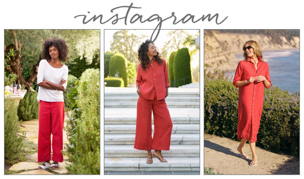 Three women outdoors modeling relaxed red clothing; one wears red pants and a white top, one wears a red button-up shirt and matching wide-leg pants, and one wears a red button-up dress. "Instagram" is written above the images. Fearrington Village