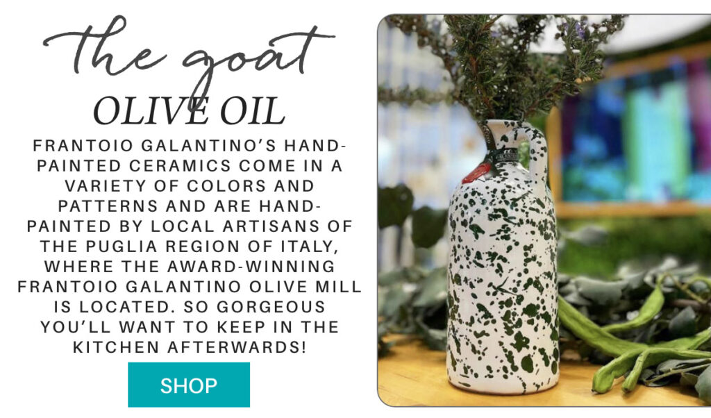 A speckled white and green ceramic oil bottle with herbs sits on a counter. Text describes Frantoio Galantino’s hand-painted ceramics from Italy and invites the viewer to shop for their olive oil products. "Frantoio Galantino’s hand-painted ceramics come in a variety of colors and patterns and are hand-painted by local artisans of the Puglia region of Italy, where the award-winning Frantoio Galantino olive mill is located. so gorgeous you’ll want to keep in the kitchen afterwards!" Fearrington Village