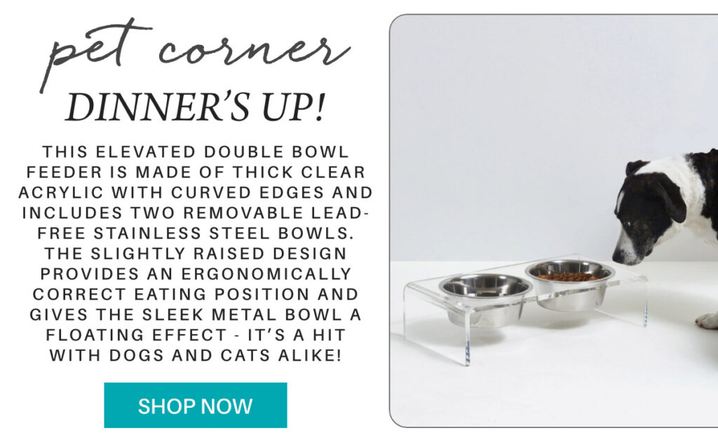 A dog eats from a modern elevated double bowl feeder with a clear acrylic stand and stainless steel bowls. The feeder is on a white floor. Text describes the feeder’s features and a turquoise "Shop Now" button appears below. "This elevated double bowl feeder is made of thick clear acrylic with curved edges and includes two removable lead-free stainless steel bowls. The slightly raised design provides an ergonomically correct eating position and gives the sleek metal bowl a floating effect - it’s a hit with dogs and cats alike!" Fearrington Village