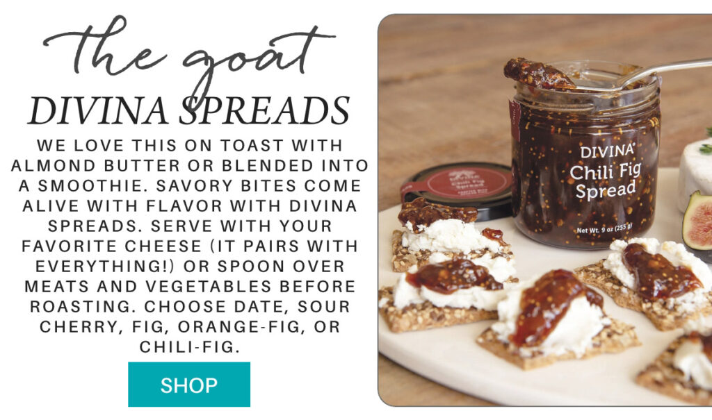 A jar of Divina Chili Fig Spread sits open on a wooden board with a spoonful of spread. Crackers topped with cheese and spread are arranged nearby. Text describes ways to enjoy Divina Spreads, with a teal "Shop" button below. "we love this on toast with almond butter or blended into a smoothie. savory bites come alive with flavor with divina spreads. Serve with your favorite cheese (it pairs with everything!) or spoon over meats and vegetables before roasting. choose date, sour cherry, fig, orange-fig, or chili-fig." Fearrington Village
