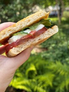 A hand holds a sandwich with ciabatta bread, fresh mozzarella, tomato slices, and leafy greens, with a blurred green outdoor background featuring plants and ferns. Fearrington Village