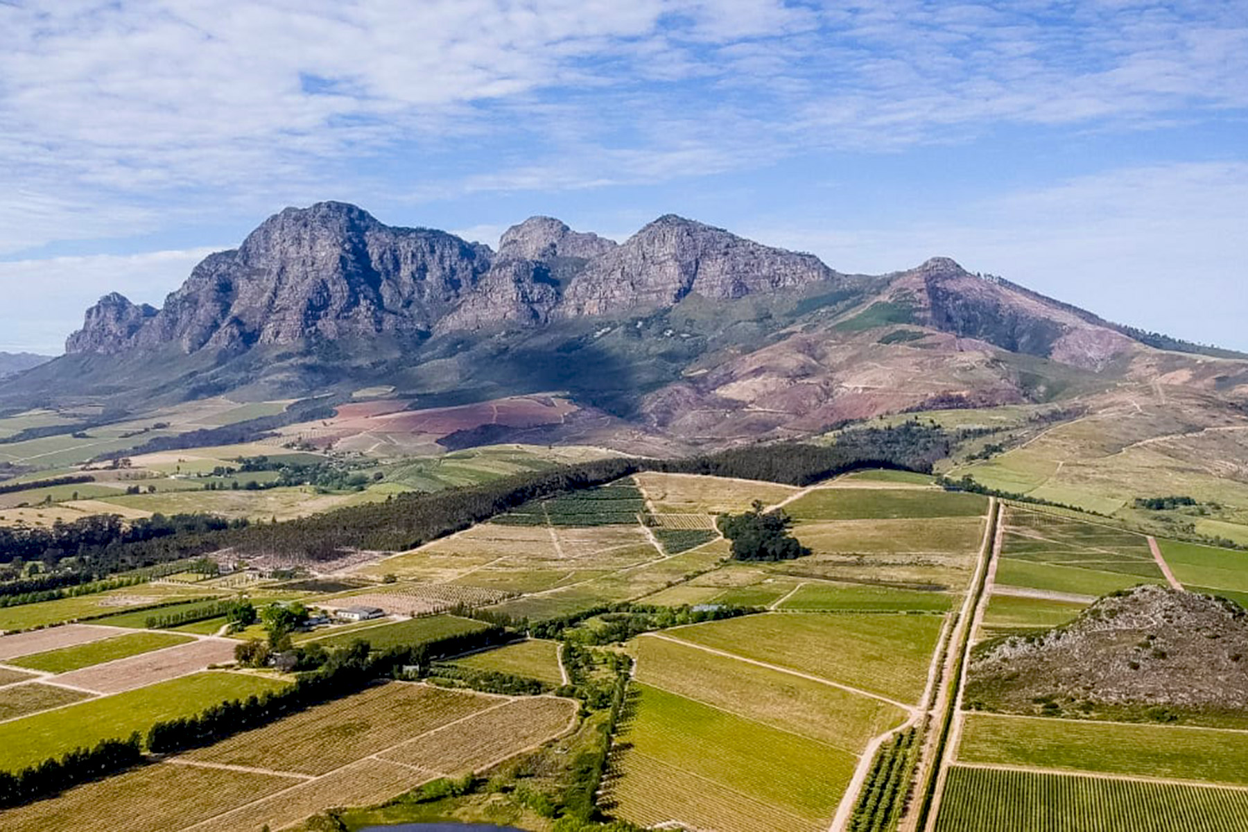 Free Wine Tasting -Noble Hill 16 Aerial view of a patchwork of green and yellow fields with dirt roads, set against a backdrop of rugged mountains under a partly cloudy blue sky. Fearrington Village