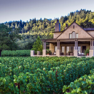A large house with a covered porch sits surrounded by lush green vineyards and trees, with a forested hillside in the background under a clear sky. Fearrington Village