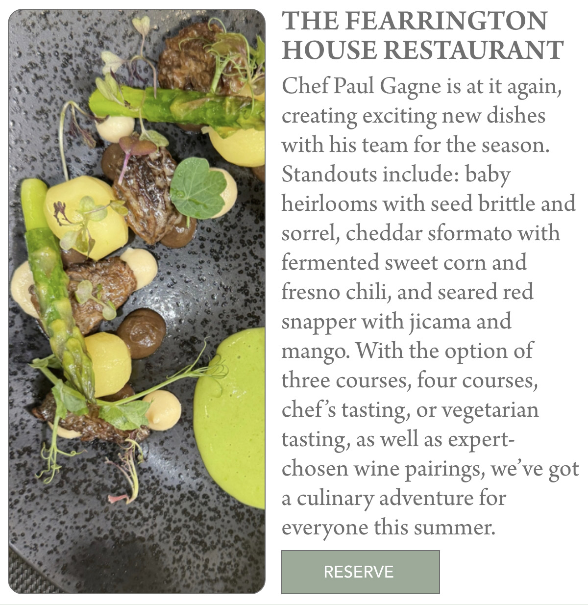 A gourmet dish with baby heirloom vegetables, green sauce, and asparagus is artfully plated on a black plate, beside a restaurant description for The Fearrington House Restaurant and a 'Reserve' button. Fearrington Village