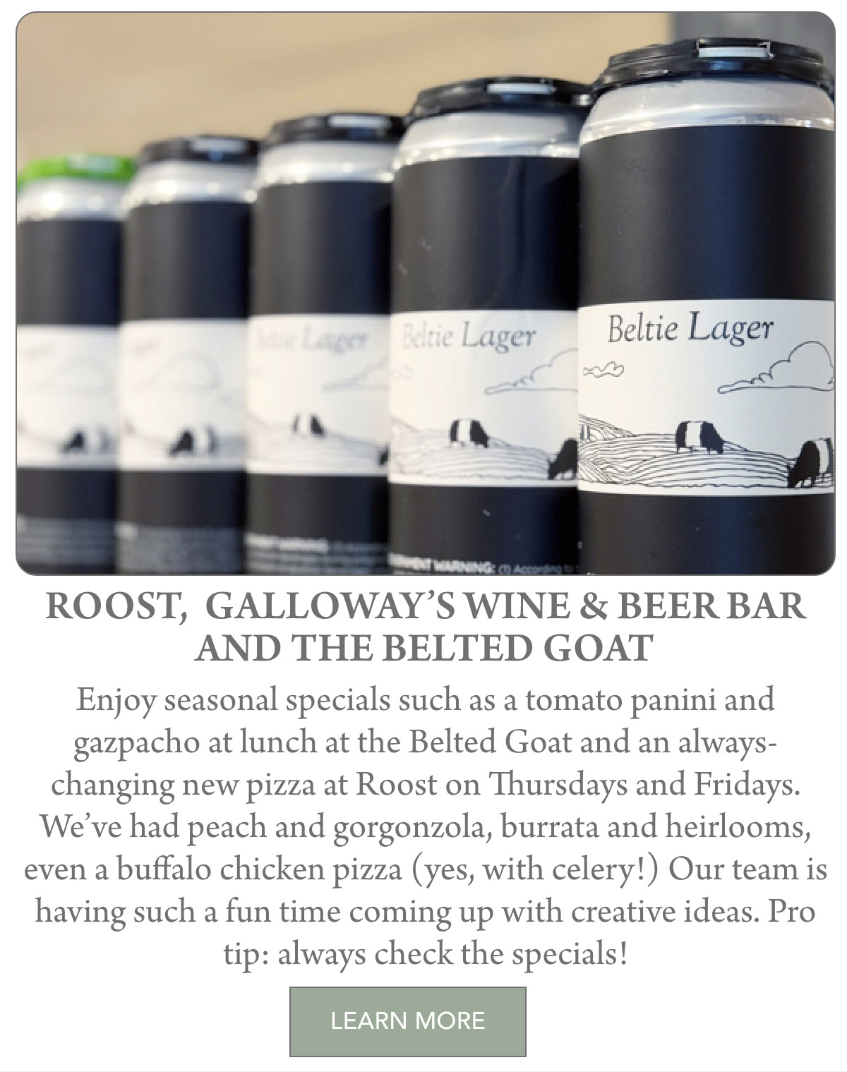 A row of Beltie Lager cans with minimalist black and white labels featuring cattle and hills, displayed on a bar counter. Text below promotes Roost, Galloway’s Wine & Beer Bar, and The Belted Goat. Fearrington Village