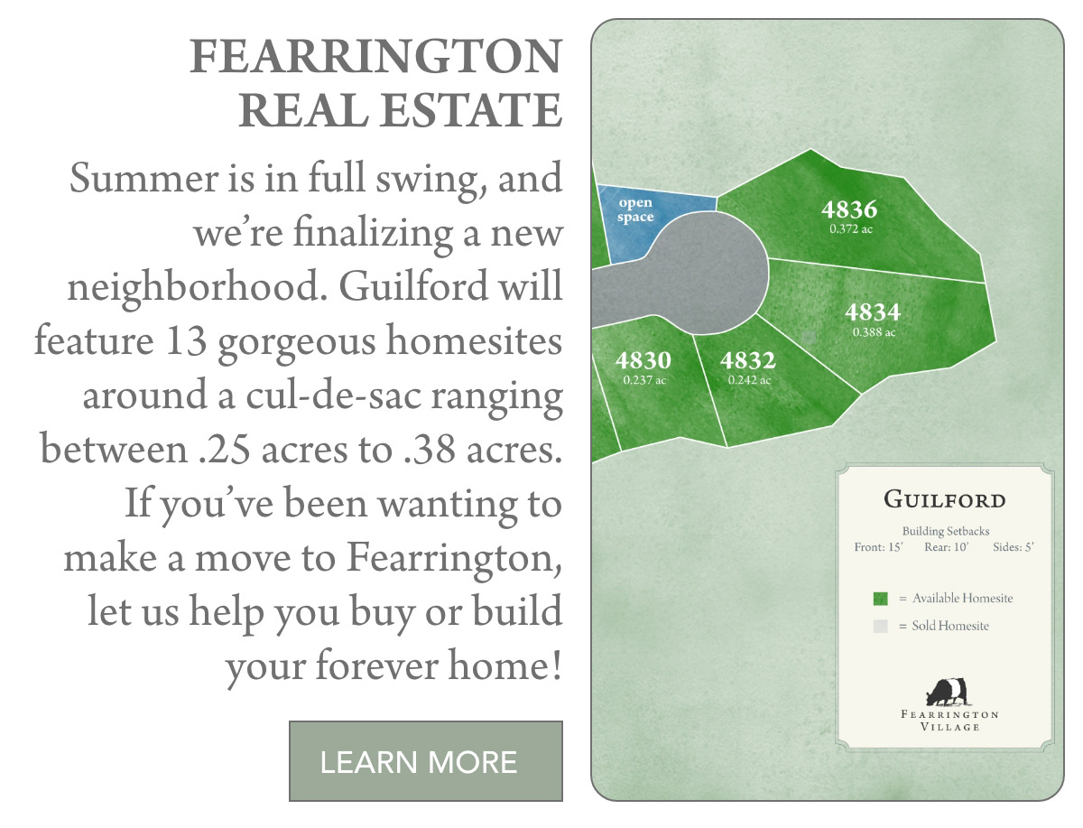 A real estate flyer for Fearrington Village highlights 13 new homesites in the Guilford neighborhood, with a cul-de-sac map, lot details, and a “Learn More” button on the bottom. Fearrington Village