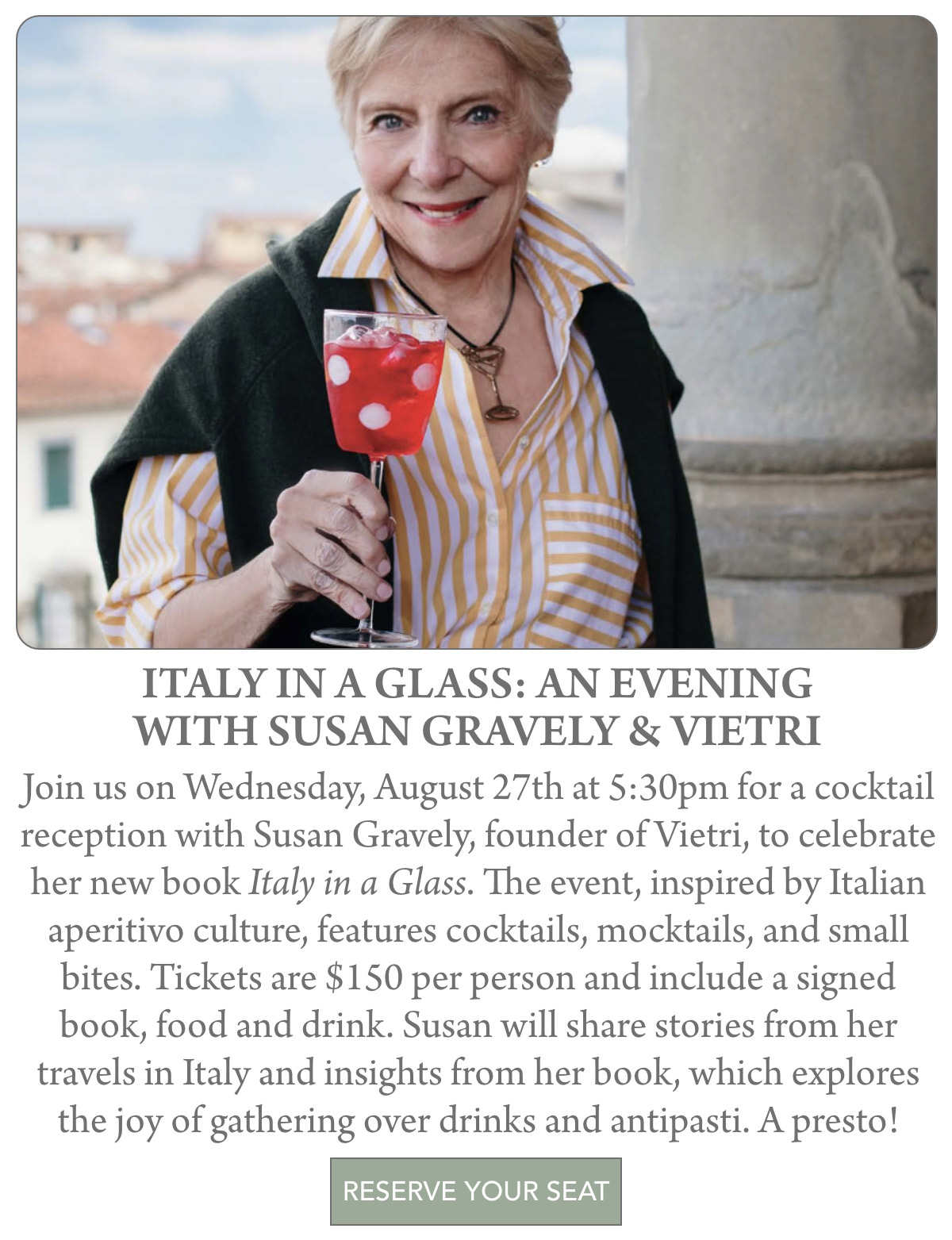 An older woman with short gray hair smiles while holding a cocktail glass with red and white drink, standing in an outdoor setting. Text below advertises an Italian-themed book event with Susan Gravely on August 27th. Fearrington Village