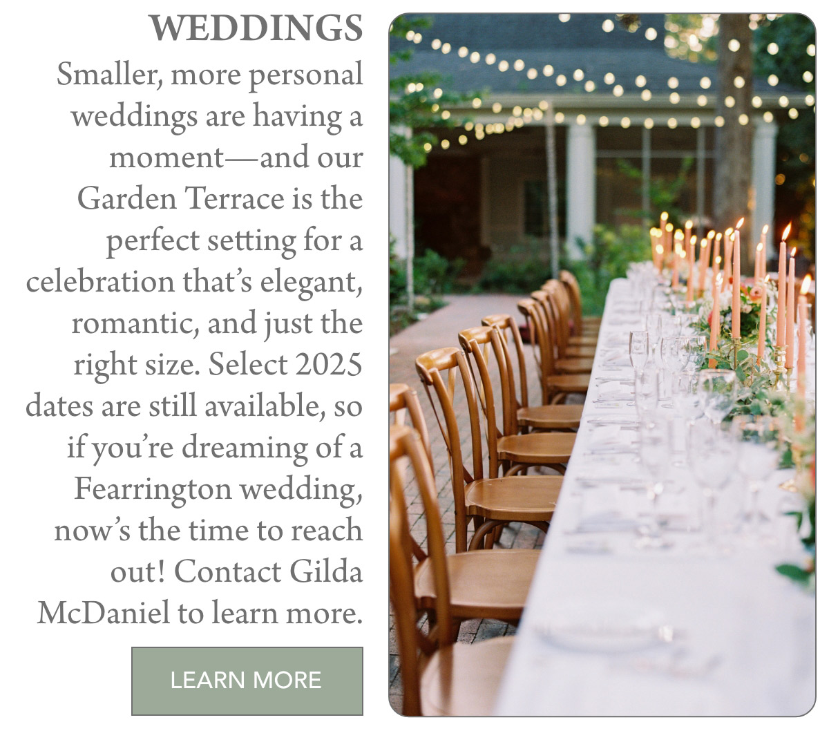 A long outdoor table set with candles and flowers is surrounded by wooden chairs on a brick patio, with string lights overhead. Text describes Fearrington's Garden Terrace as an ideal wedding venue. Fearrington Village