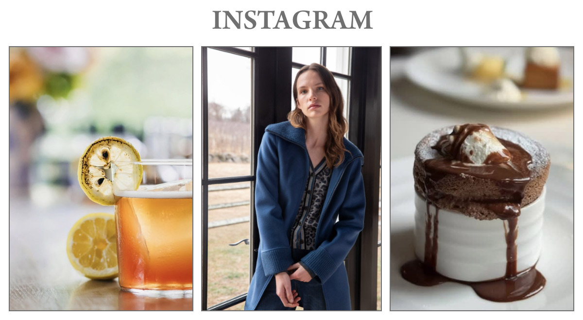 A collage with three images: a drink with lemon slices and ice, a woman in a blue coat standing by a window, and a chocolate dessert with whipped cream on top. The word "INSTAGRAM" is above the images. Fearrington Village