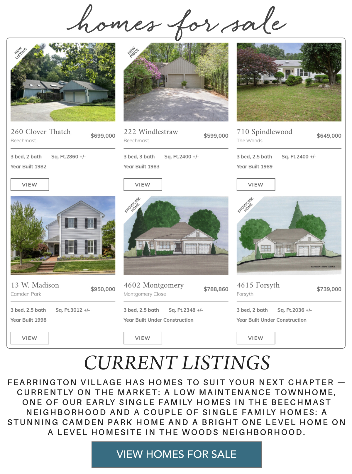A real estate flyer showing six homes for sale with photos, prices, addresses, brief details, and "view" buttons, plus a header reading "Current Listings" and a button to view more homes at the bottom. "fearrington village has homes to suit your next chapter — currently on the market: a low maintenance townhome, one of our early single family homes in the beechmast neighborhood and a couple of single family homes: a stunning Camden Park home and a bright one level home on a level homesite in the Woods neighborhood." Fearrington Village