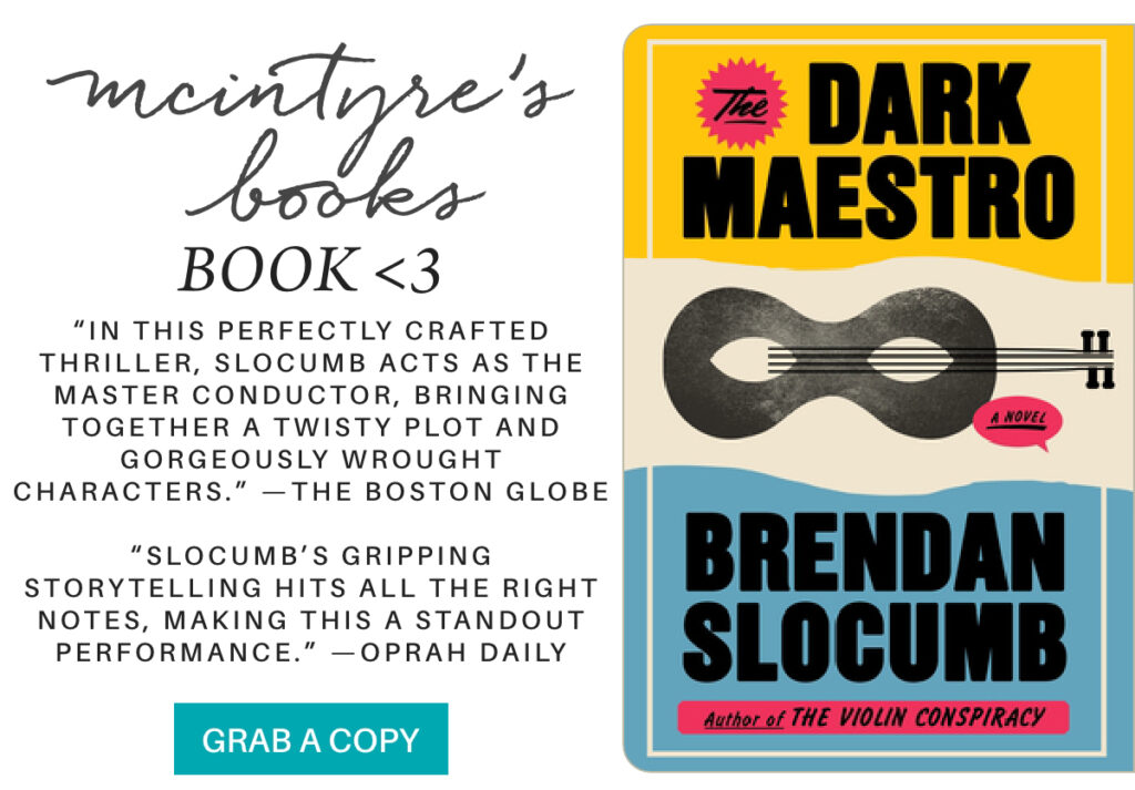 Book promotion graphic for "The Dark Maestro" by Brendan Slocumb, featuring a stylized guitar and praise from The Boston Globe and Oprah Daily. A teal button at the bottom reads "GRAB A COPY. "“In this perfectly crafted thriller, Slocumb acts as the master conductor, bringing together a twisty plot and gorgeously wrought characters.” —The Boston Globe “Slocumb’s gripping storytelling hits all the right notes, making this a standout performance.” —Oprah Daily" Fearrington Village