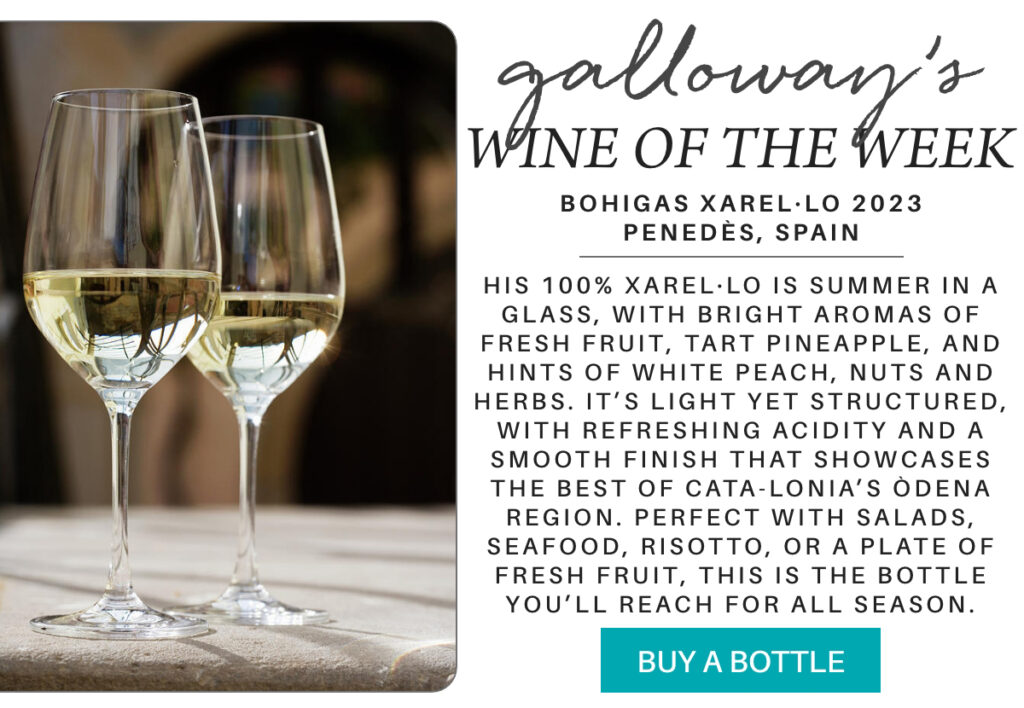 Two glasses of white wine sit side by side, filled and glistening, next to text describing Bohigas Xarel-lo 2023 as a fresh, aromatic Spanish wine ideal with seafood, salads, or risotto, and a "Buy a Bottle" button below. "Bohigas Xarel·lo 2023 Penedès, Spain -- his 100% Xarel·lo is summer in a glass, with bright aromas of fresh fruit, tart pineapple, and hints of white peach, nuts and herbs. it’s light yet structured, with refreshing acidity and a smooth finish that showcases the best of Cata-lonia’s Òdena region. Perfect with salads, seafood, risotto, or a plate of fresh fruit, this is the bottle you’ll reach for all season." Fearrington Village