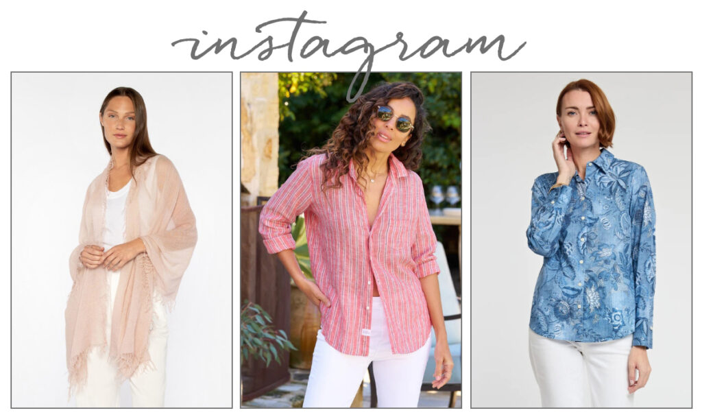 A collage of three women modeling outfits: one in a pale pink shawl, one in a red striped button-up shirt with sunglasses, and one in a blue patterned button-up shirt, all wearing white pants. "Instagram" is written at the top. Fearrington Village