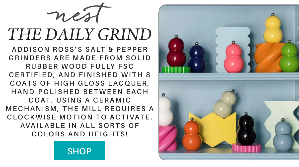 A display shelf holds colorful, glossy salt and pepper grinders in various shapes and heights alongside decorative items. Text describes the grinders’ features and highlights a “Shop” button. "addison ross’s salt & pepper grinders are made from solid Rubber wood fully FSC certified, and finished with 8 coats of high gloss lacquer, hand-polished between each coat. Using a ceramic mechanism, the mill requires a clockwise motion to activate. available in all sorts of colors and heights! " Fearrington Village