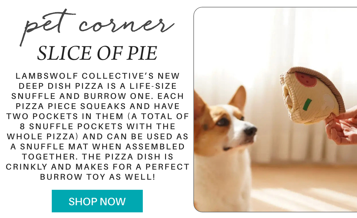 A corgi sits on the floor looking at a person holding a plush pizza toy. Text describes the toy as a snuffle and burrow item for pets, shaped like deep dish pizza. A turquoise "Shop Now" button appears below. "lambswolf collective’s new DEEP DISH PIZZA is a life-size snuffle and burrow one. Each pizza piece squeaks and have two pockets in them (a total of 8 snuffle pockets with the whole pizza) and can be used as a snuffle mat when assembled together. The pizza dish is crinkly and makes for a perfect burrow toy as well!" Fearrington Village