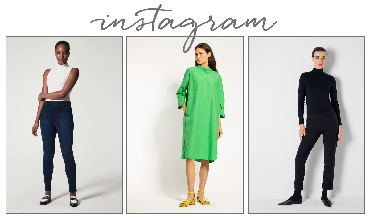 Three women pose in stylish outfits: one in a sleeveless white top with dark jeans, one in a bright green button-down dress with sandals, and one in a black turtleneck with matching pants and ankle boots. "Instagram" is written above. Fearrington Village