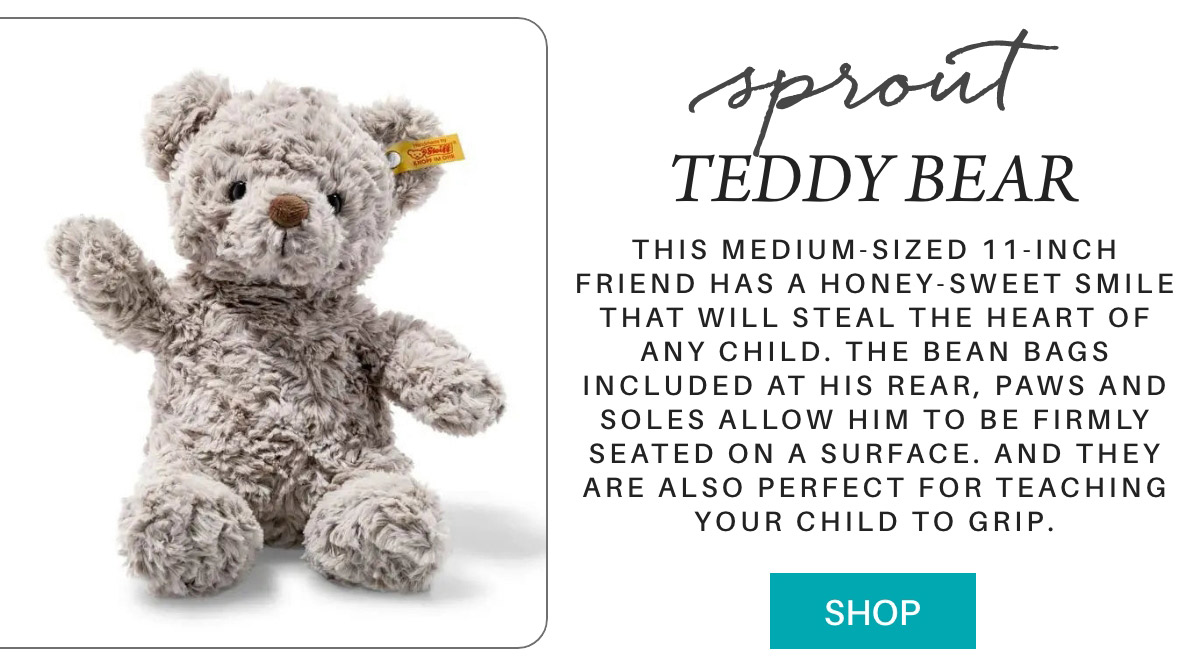 A fluffy gray teddy bear with a tag on its ear sits upright, one paw raised. Text beside it describes the bear as a 11-inch toy named "Sprout" with a sweet smile, bean bags for stability, and a "SHOP" button below. "This medium-sized 11-inch friend has a honey-sweet smile that will steal the heart of any child. The bean bags included at his rear, paws and soles allow him to be firmly seated on a surface. And they are also perfect for teaching your child to grip." Fearrington Village