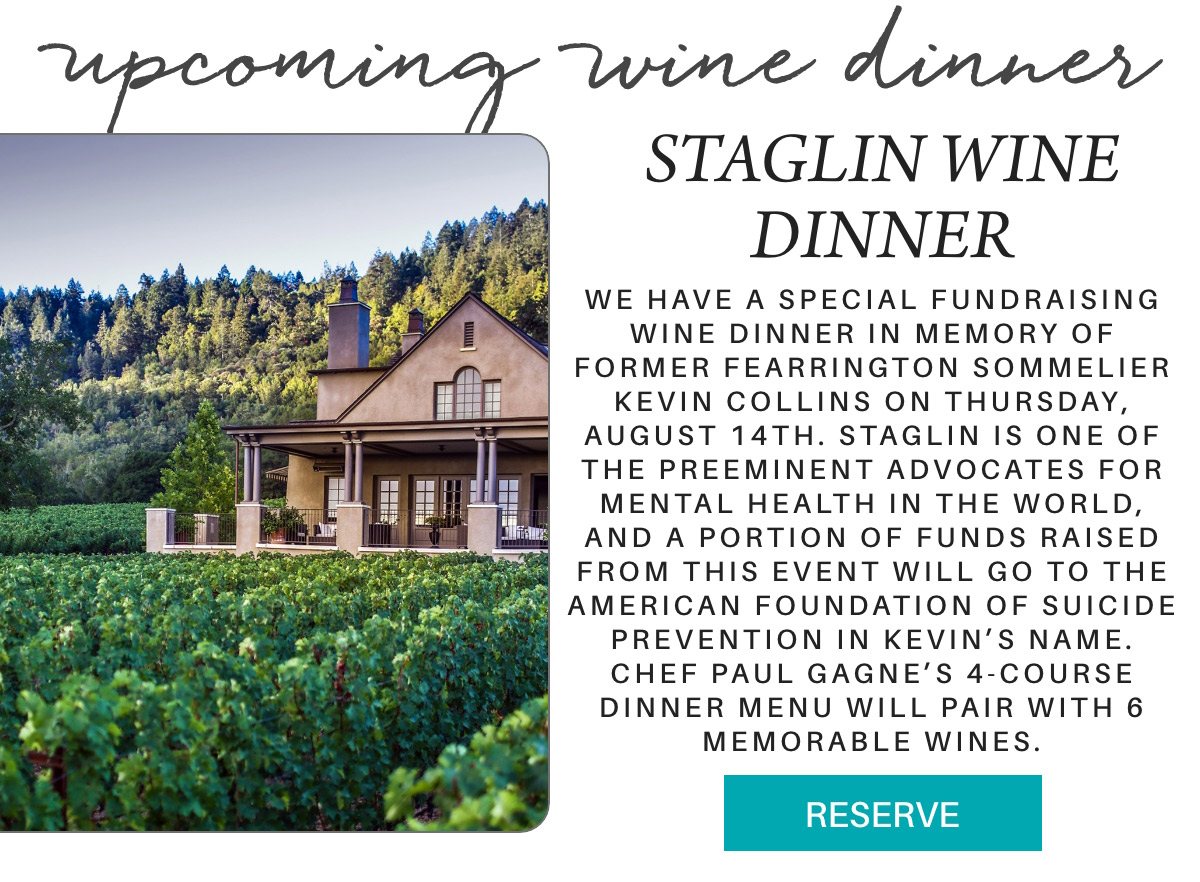 Promotional flyer for a fundraising wine dinner at Staglin, featuring an image of a villa in a vineyard and event details about a charity dinner in memory of Kevin Collins to support mental health and suicide prevention. Fearrington Village