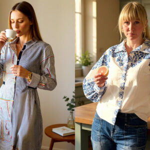 Two women stand in sunlit rooms. The woman on the left sips from a cup, wearing a striped dress. The woman on the right holds a half grapefruit, wearing a white shirt with blue patterns and jeans. Both appear relaxed. Fearrington Village