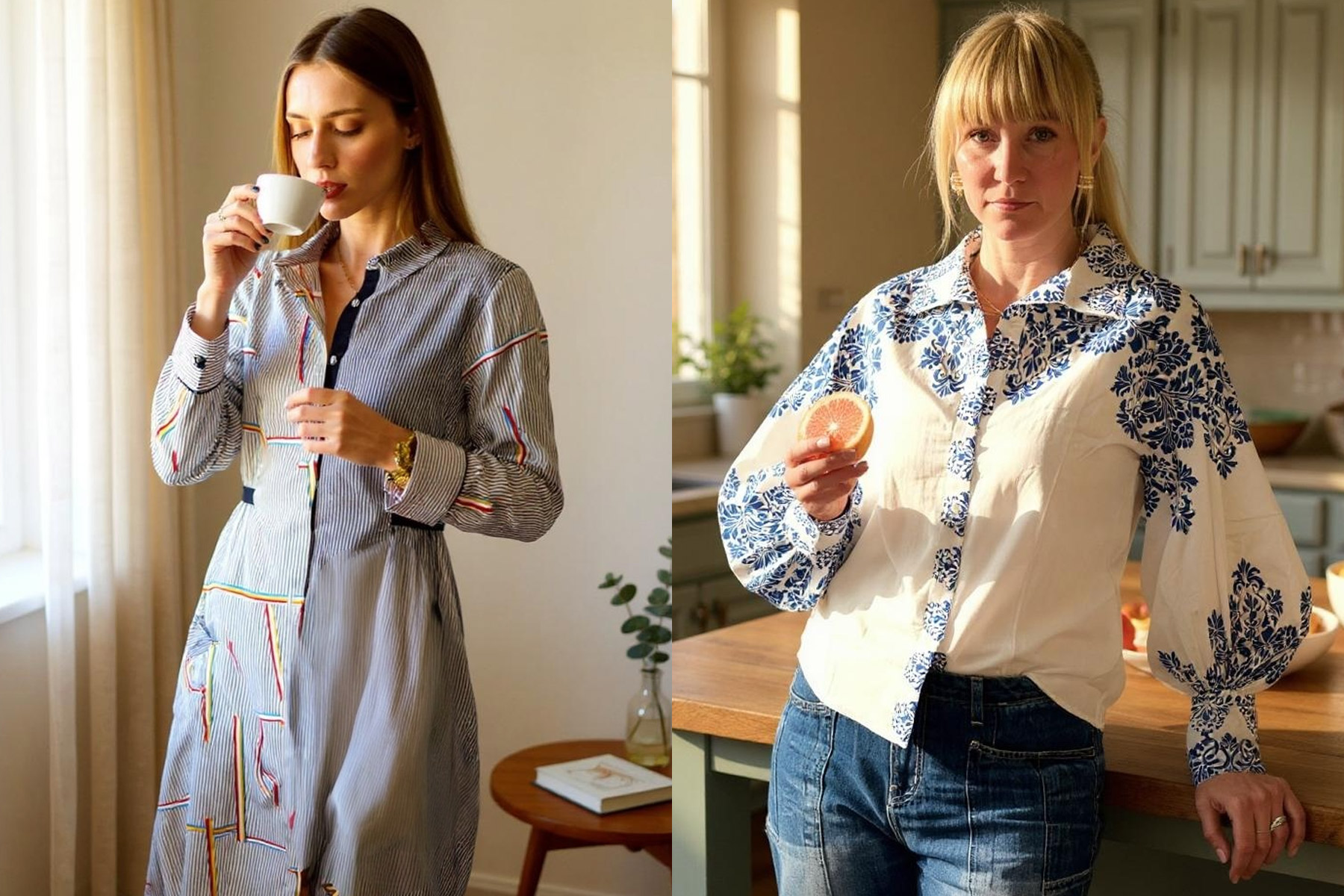 Two women stand in sunlit rooms. The woman on the left sips from a cup, wearing a striped dress. The woman on the right holds a half grapefruit, wearing a white shirt with blue patterns and jeans. Both appear relaxed. Fearrington Village