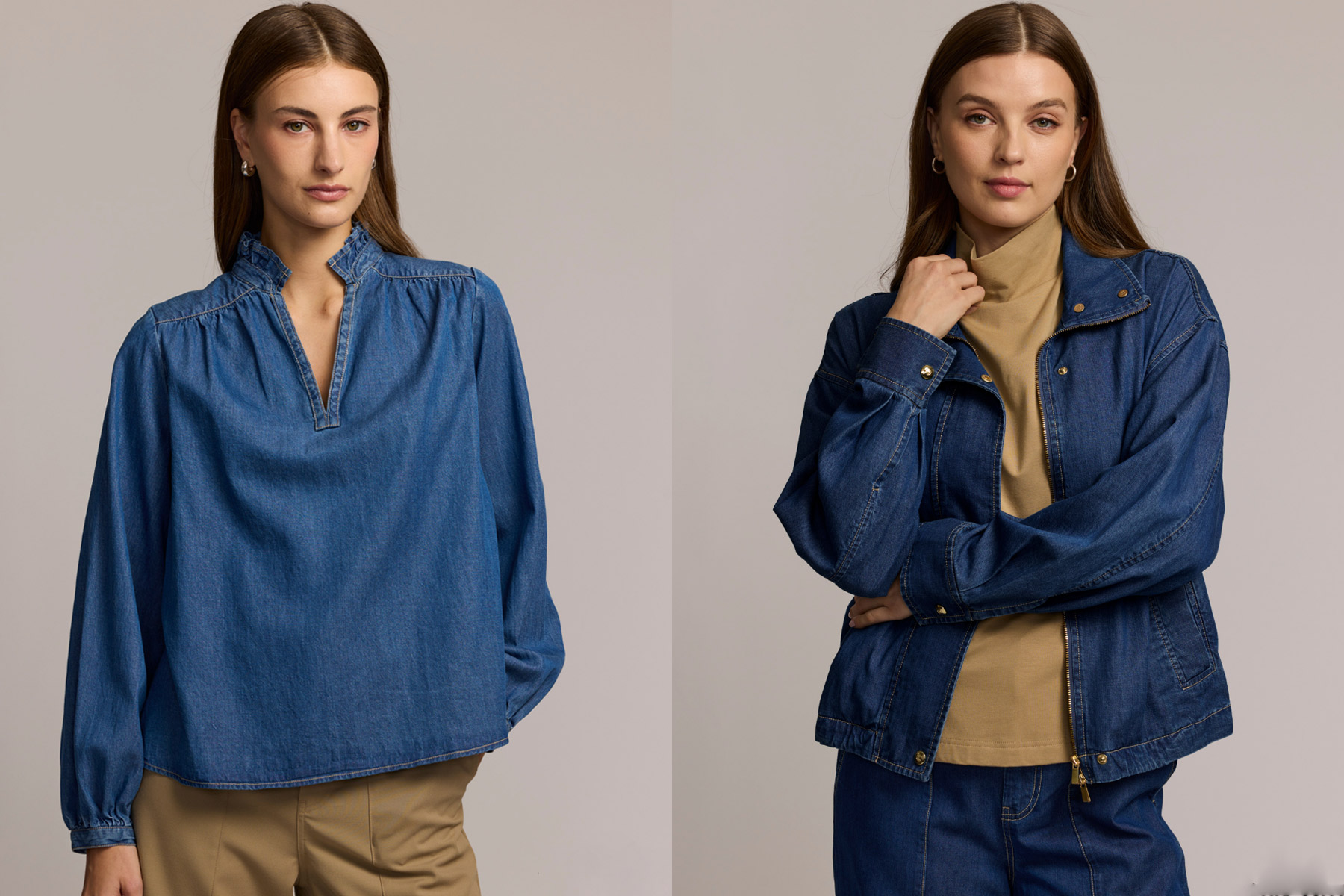 Dovecote Fall 2025 Trunk Show - Hinson Wu 7 Two women stand against a plain background. The woman on the left wears a blue denim blouse and tan pants, while the woman on the right wears a blue denim jacket over a tan turtleneck and blue jeans. Fearrington Village