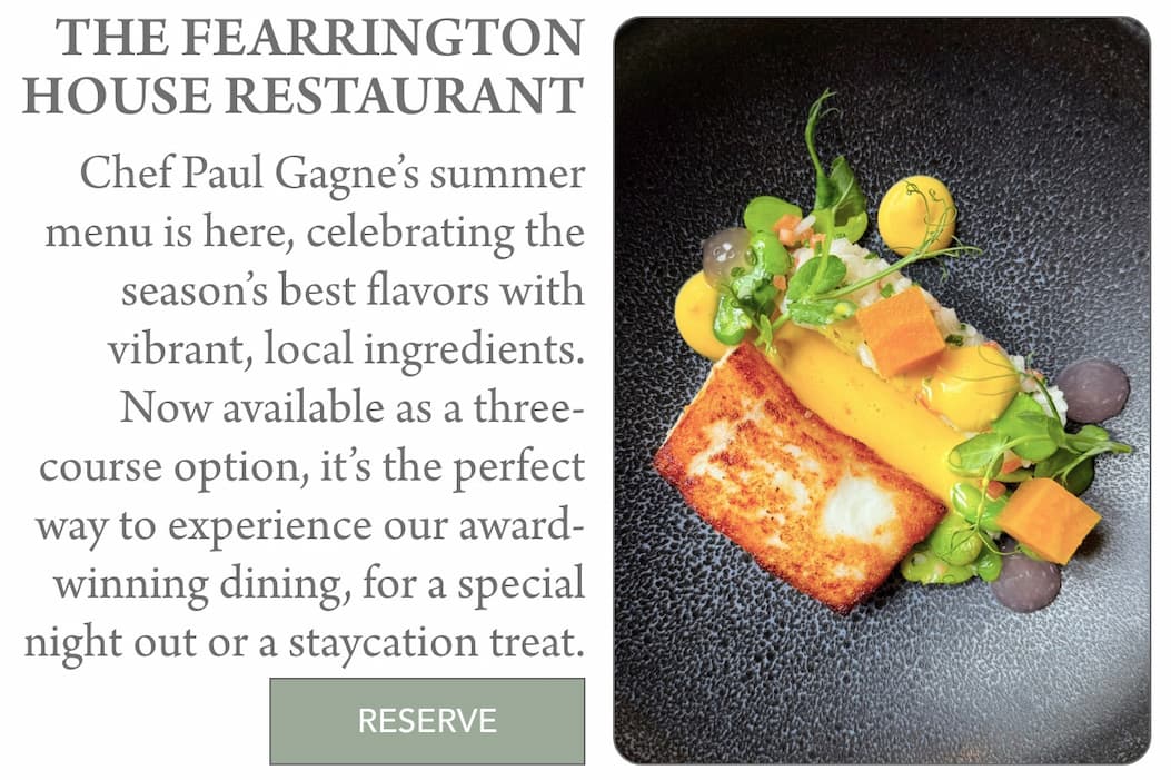 July in Fearrington Village 3 A gourmet dish featuring seared fish, colorful vegetables, and sauces is artfully plated on a dark round plate. Beside it is text promoting the Fearrington House Restaurant’s summer menu and a "RESERVE" button. Fearrington Village
