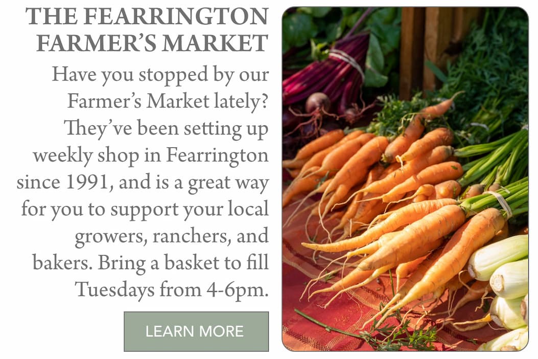 July in Fearrington Village 14 A display of fresh carrots, beets, and green onions at a farmer's market beside text inviting people to visit the Fearrington Farmer's Market, held on Tuesdays from 4-6pm. Fearrington Village