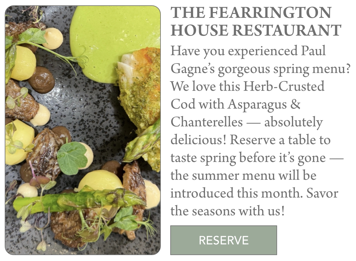 Close-up of a plated dish featuring herb-crusted cod, asparagus, chanterelles, sauce, and garnishes, next to a restaurant ad promoting the spring menu and a "Reserve" button. Fearrington Village