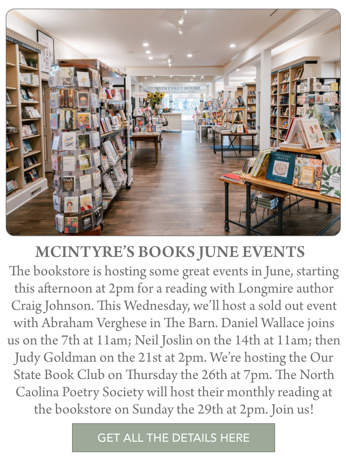 A cozy bookstore interior with tall bookshelves filled with books, tables displaying more books, and event posters on the walls. A sign in the background reads "McIntyre’s Books. Fearrington Village