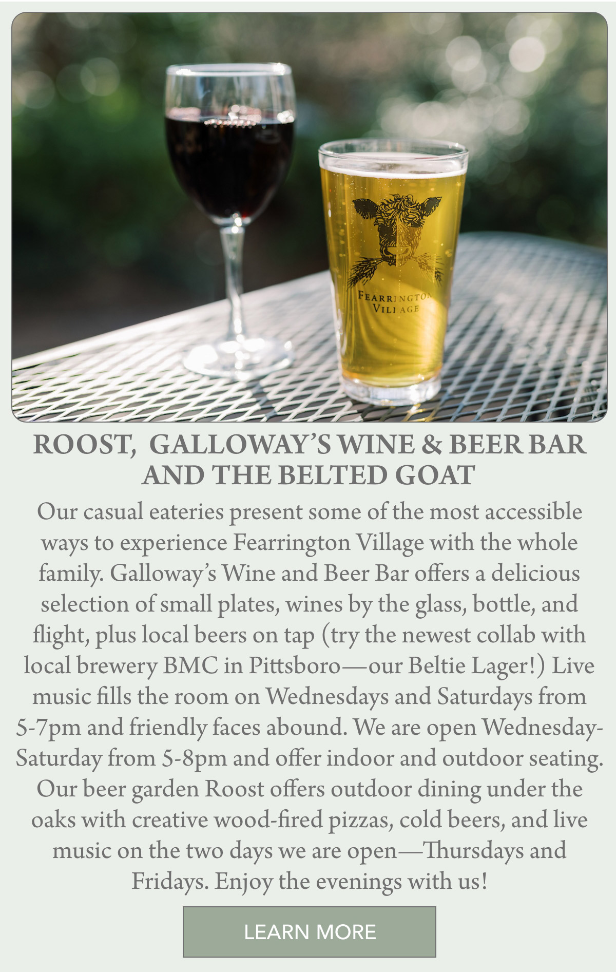 A glass of beer and a pint of cider sit on a green metal outdoor table with a blurred garden background. Text below describes Roost and Galloway’s Wine & Beer Bar at Fearrington Village. Fearrington Village