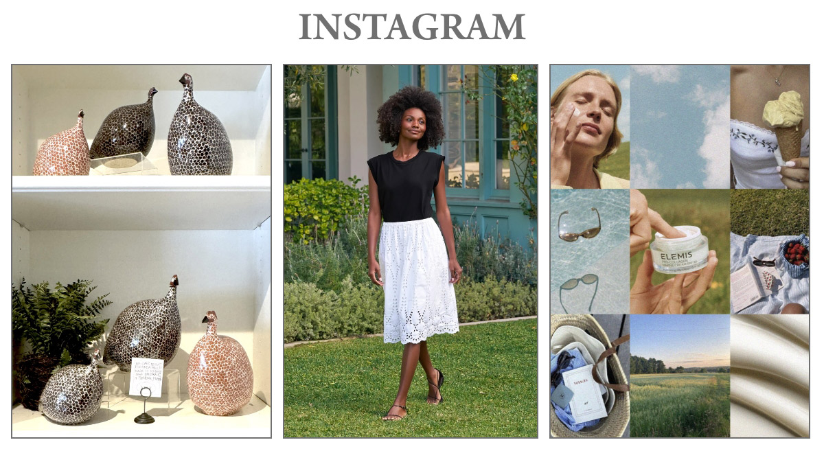 A collage with three Instagram-style sections: ceramic guinea fowl on shelves (left), a woman in a black top and white skirt standing on grass (center), and lifestyle images like skincare, sunglasses, and nature (right). Fearrington Village
