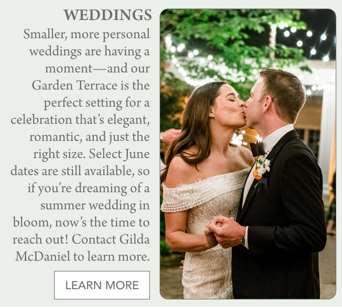 A bride and groom share a kiss while dancing at an outdoor wedding under string lights. Text beside them promotes intimate summer weddings at a garden terrace, with a call to contact for more information. Fearrington Village