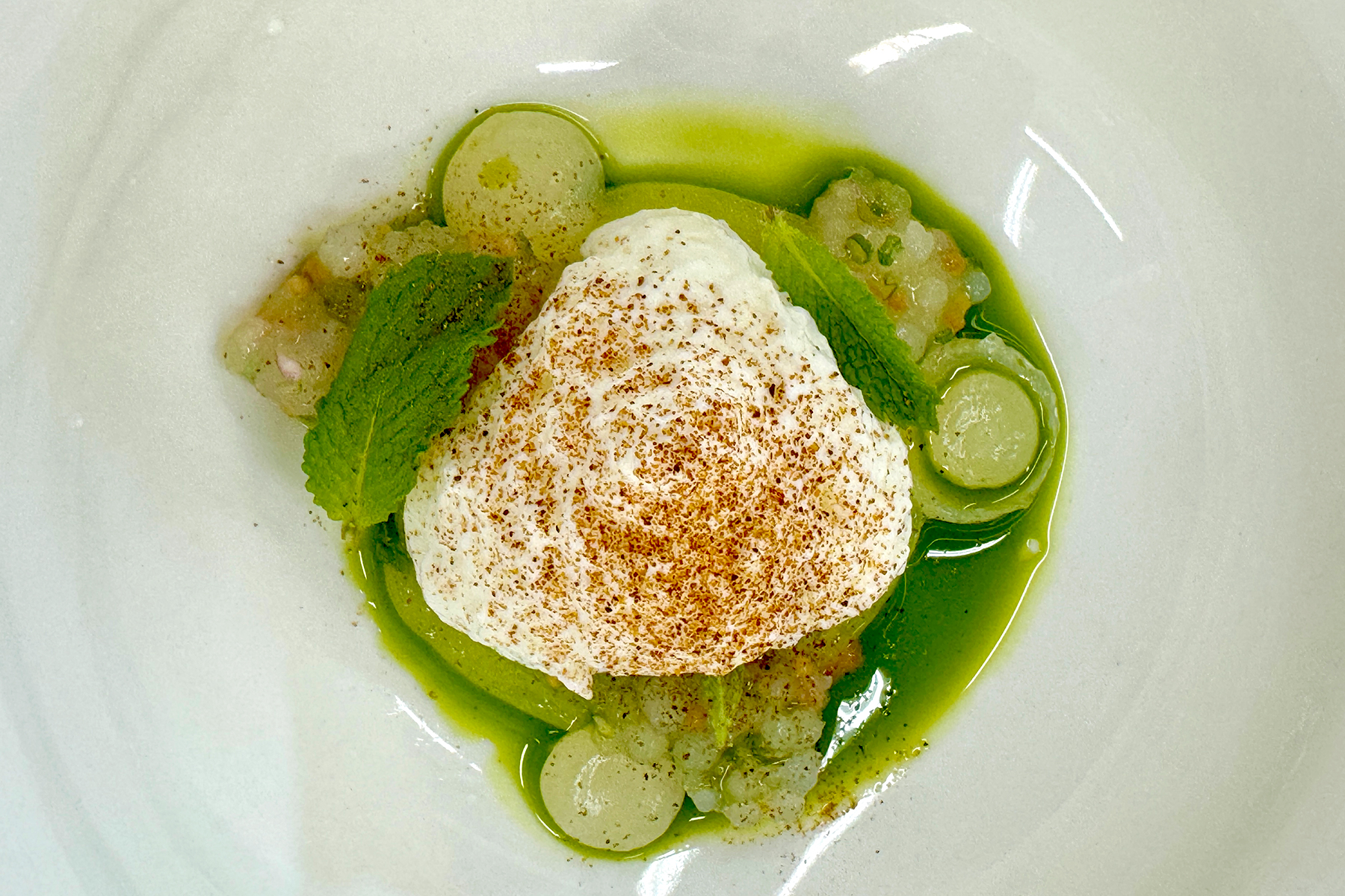 A gourmet dish featuring a dollop of creamy white cheese or mousse, lightly dusted with seasoning, surrounded by green oil, cucumber slices, herbs, and small diced ingredients on a white plate. Fearrington Village