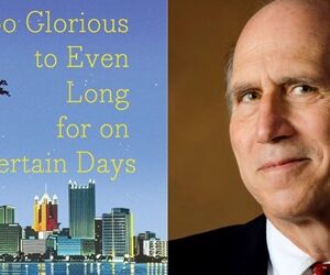 A split image: the left side shows a book cover with a city skyline and the title "Too Glorious to Even Long for on Certain Days"; the right side features a man with light skin and graying hair in a suit. Fearrington Village